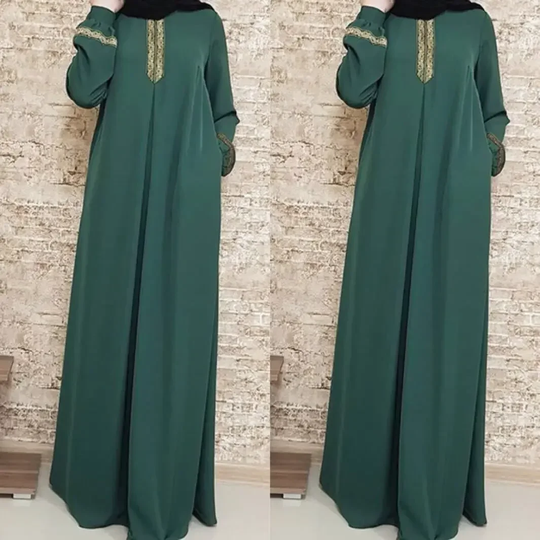 Muslim Abaya Ethnic Style Print Islam Abaya Dress Solid Color Loose Casual Robe Femme Musulman for Middle East Arabia