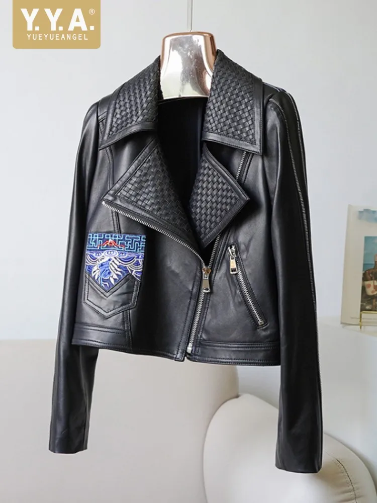 

Autumn Designer Women Weave Sheepskin Genuine Leather Jacket Patchwork Back Denim Coat Short Vintage Embroidery Jackets Female