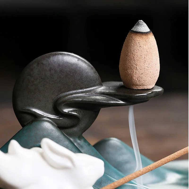 Creative Moon Rabbit Ceramic Backflow Incense Stove Handicraft Thread Incense Plug Holder Incense Seat Burner Home Decoration