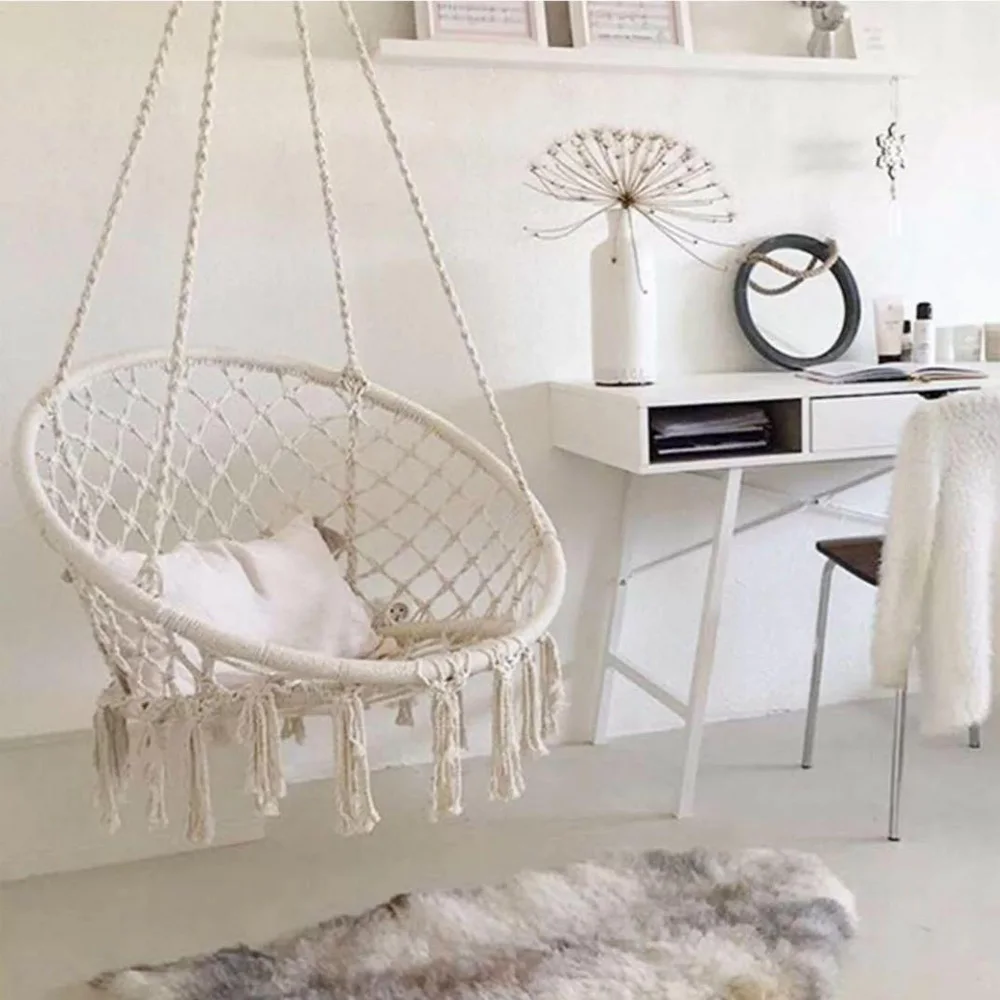

Cotton Rope Hammock Hanging Chair Handmade Indoor Outdoor Kids Swing Bed Macrame Swing Chairs rattan hanging chair balcony