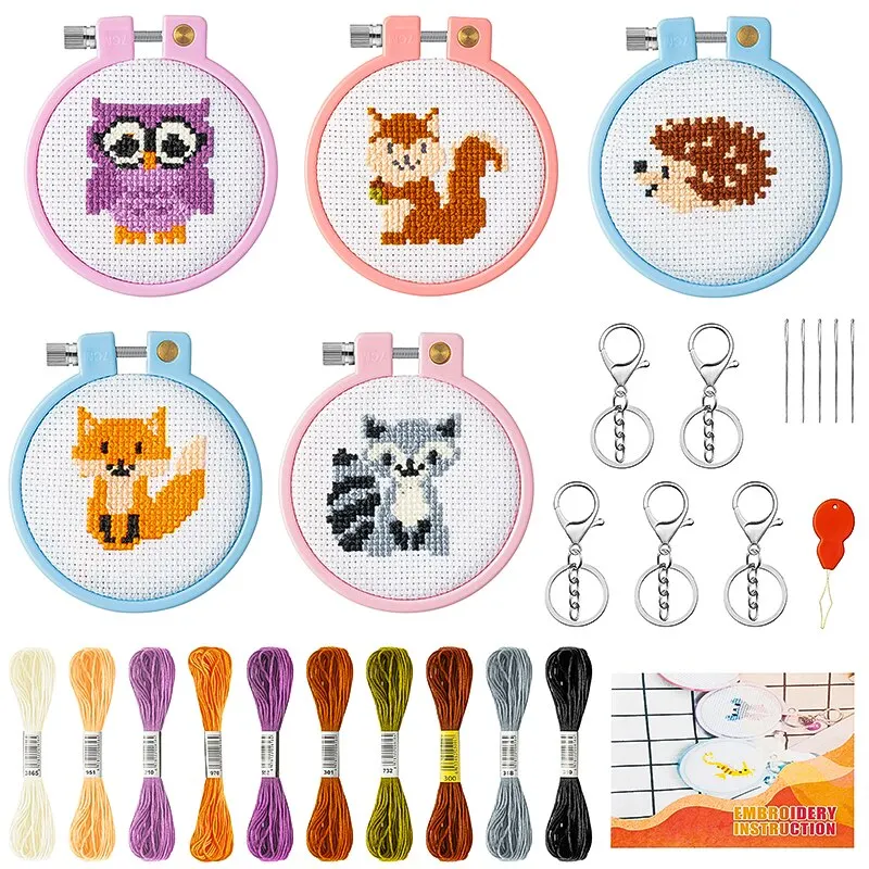 5Pcs Embroidery Kit for Kids Stamped Cross Stitch DIY Key Chain Woodland Animal Themed Needlepoint Starter Kits Beginners Adults