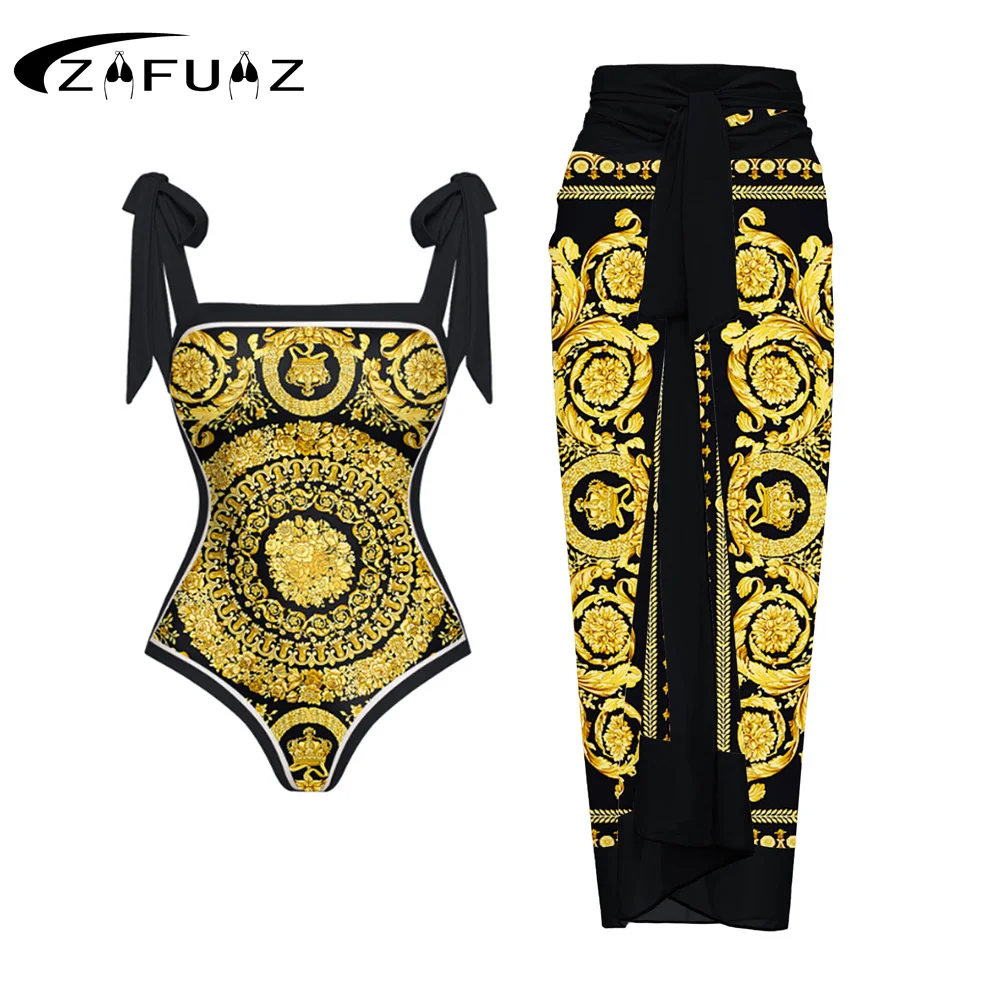 

2023 One-piece Swimsuit Sexy Retro Black Gold Color Matching Printed Beach Set Swimwear Fashion Strap Cover-up Summer Dress