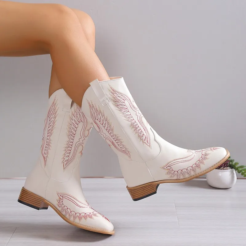 

Женские ботинки без шнуровки, повседневные ботинки до середины икры с круглым носком и вышивкой, 2023