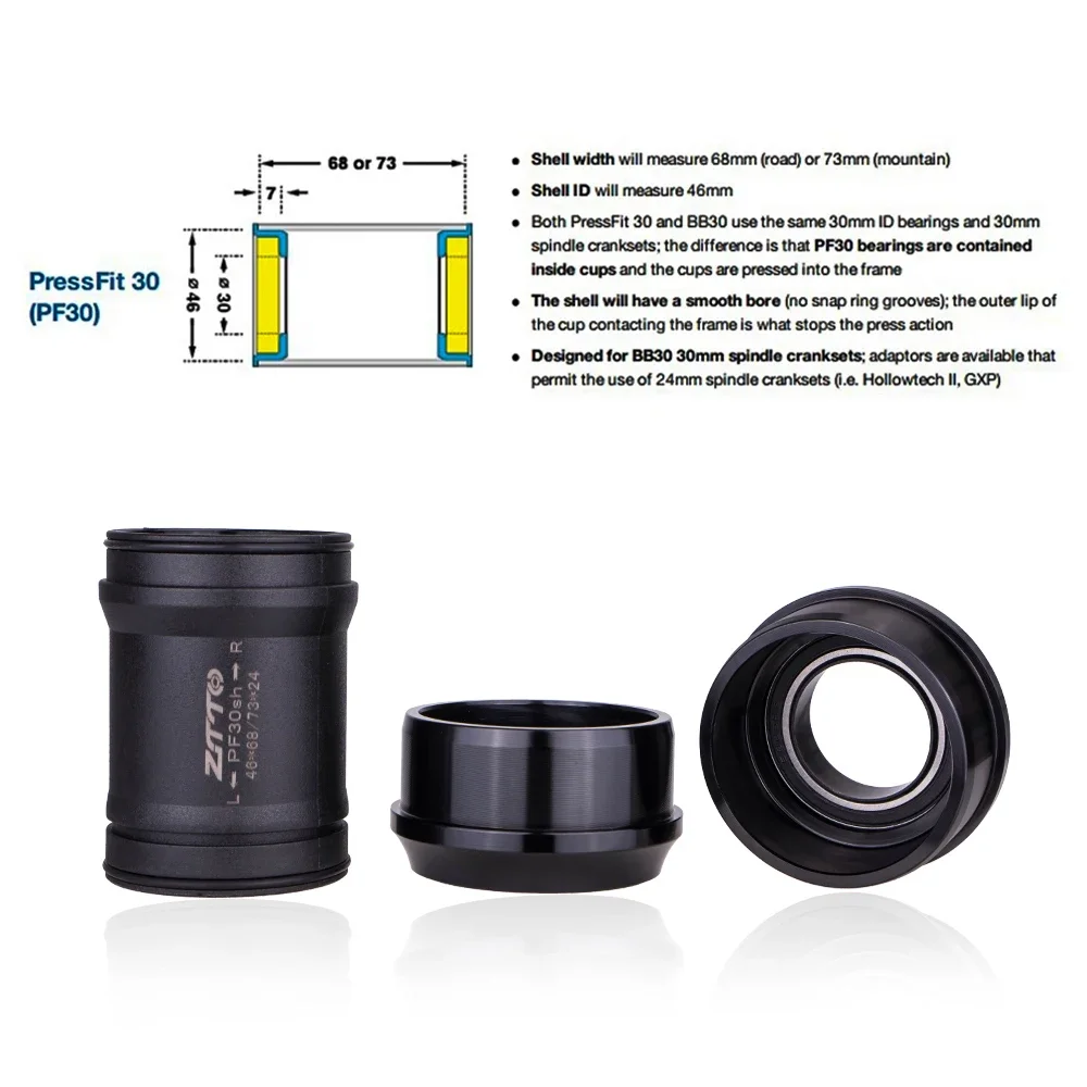 Press Fit Bottom Bracket Ceramic Bearing ZTTO PF30sh MTB Road 68/73mm &phi;46mm Frame DUB 28.99 Crank 22/24/30mm Spindle Crankset bicycle bottom bracket