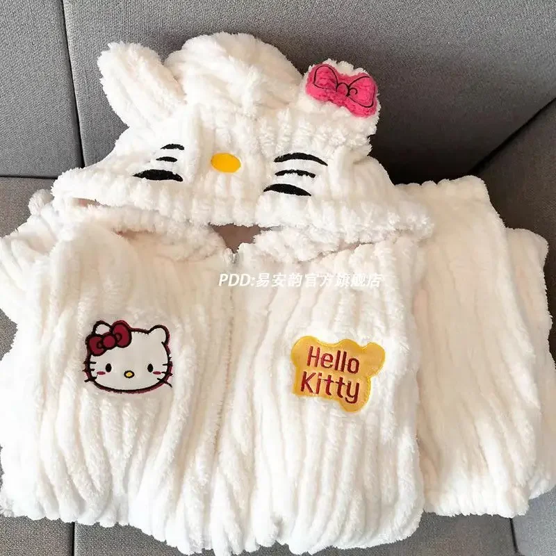 

Sanrio Hello Kitty Zipper Pajamas Women's Cute Cartoon Autumn Winter Coral Velvet Thick Hooded Long-sleeved Homewear Set Gift