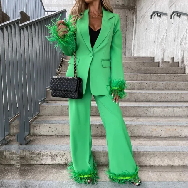 2022 New Fashion Feather Blazer Two Piece Set Women Solid Color Long Sleeve  Coat Straight Pants Suits Female Office Commute Suit - Pant Sets -  AliExpress