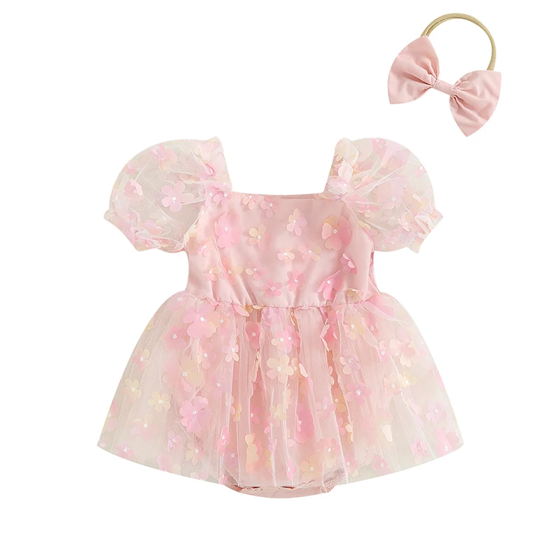 

Baby Toddler Girl Summer Romper Dresses Short Puff Sleeve 3D Flower Jumpsuit Tulle Dress with Headband Set 2Pcs Clothes