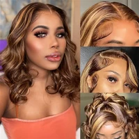 Perruque Bob en cheveux humains Remy, frontale en dentelle HD 13x4, avec mèches P4/27 Ombré, blond miel, pré-épilée, ondulation Body Wave 4