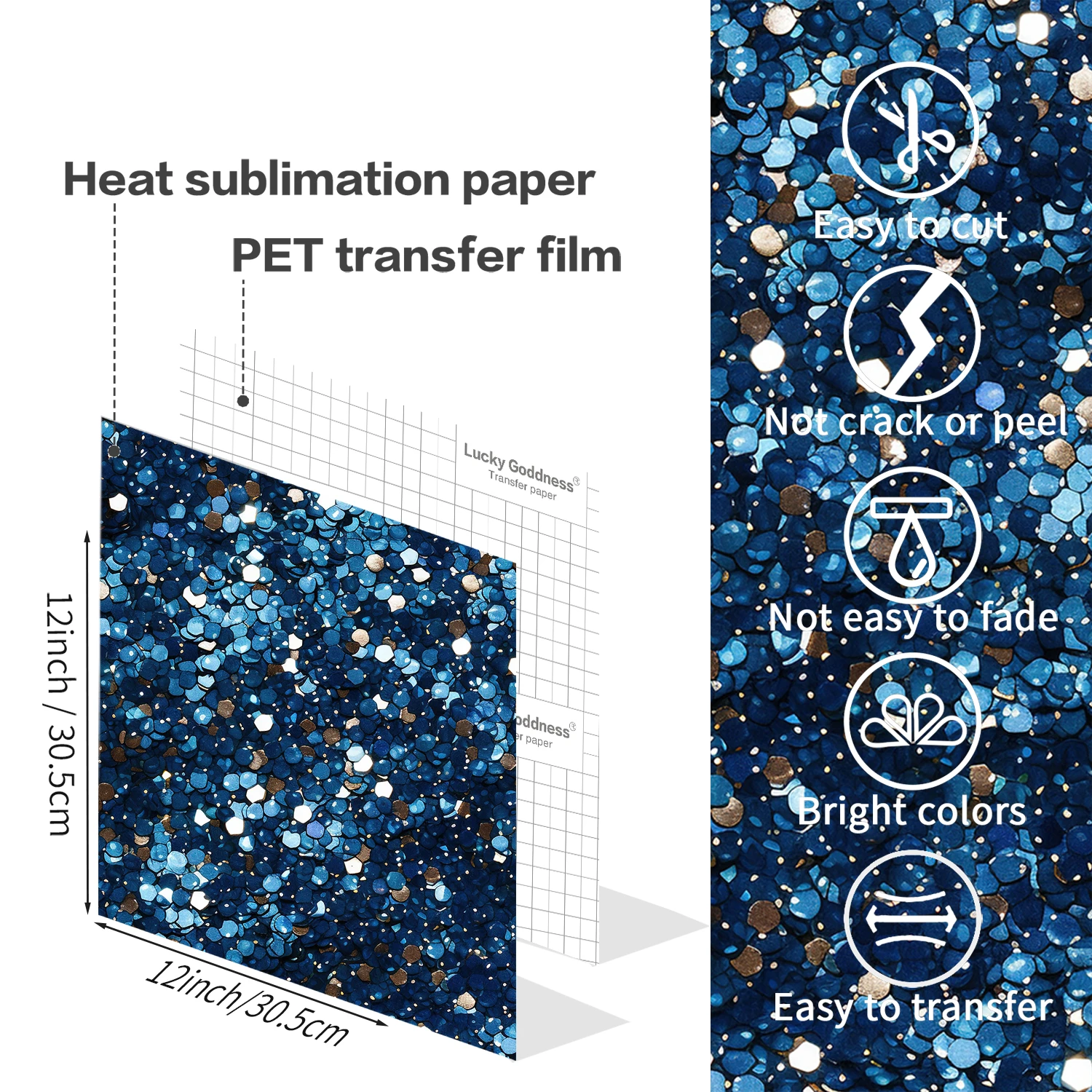 (1 PCS) 12x12 IN Sublimation Transfer Sheet for Tumblers Blanks Tshirts Blue Glitter Sublimation Transfer Ink for Heat Press DIY