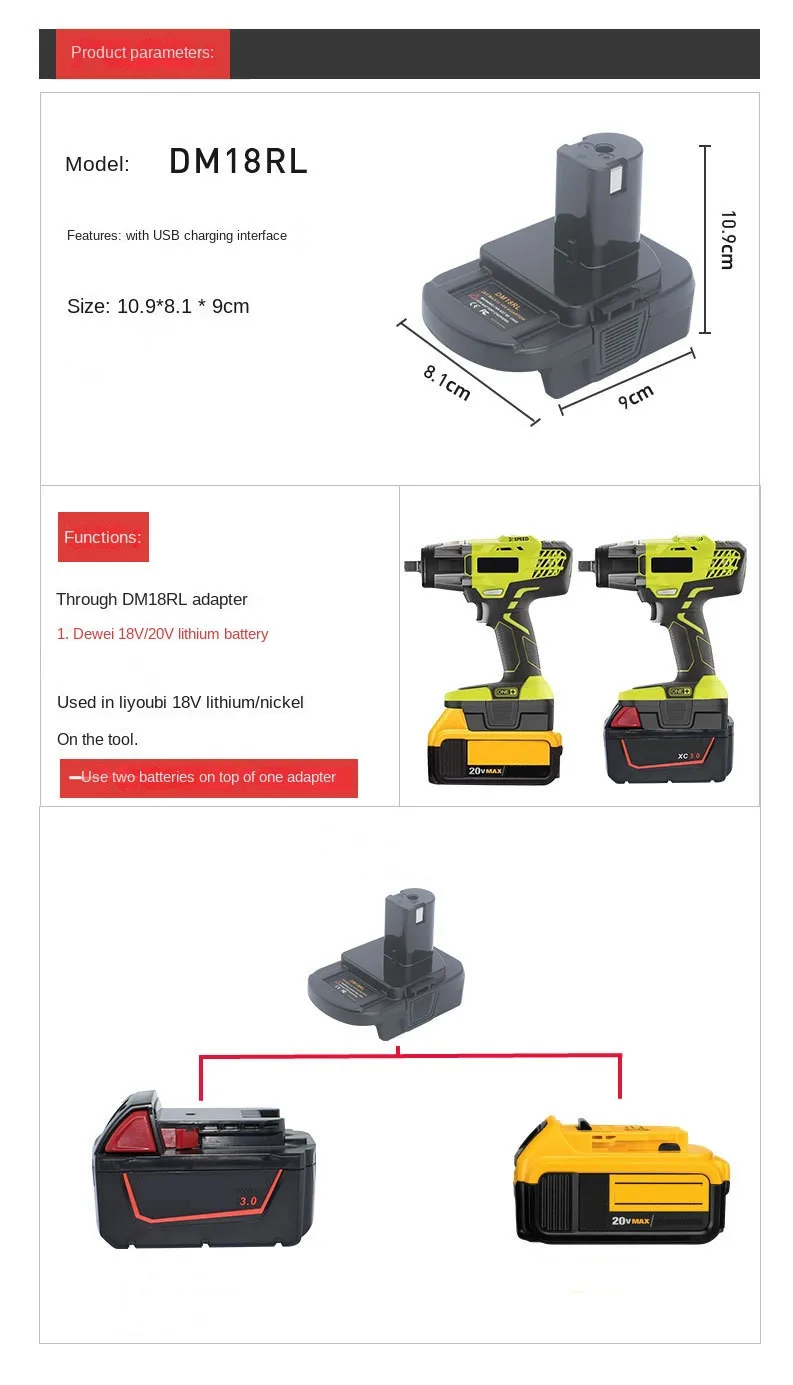 DM18RL Batteriekonverter-Adapter USB DM20ROB für RYOBI Konvertieren für Dewalt 20 V für Milwaukee auf 18 V Batterieadapter – Detail 4