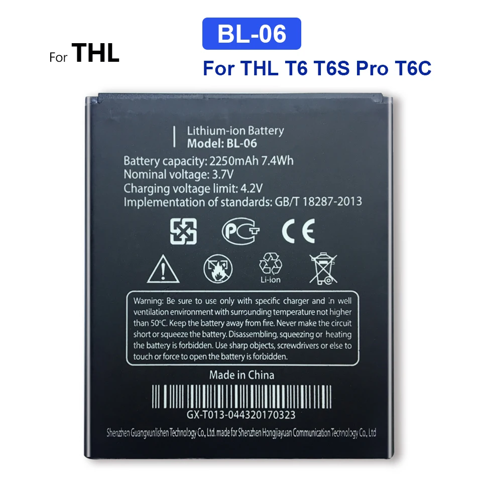 Mobile Phone Battery BL-06 BL06 BL 06 For THL T6 T6S Pro T6SPro T6C Replacement Batteries High Capacity 2250mAh battery | Мобильные