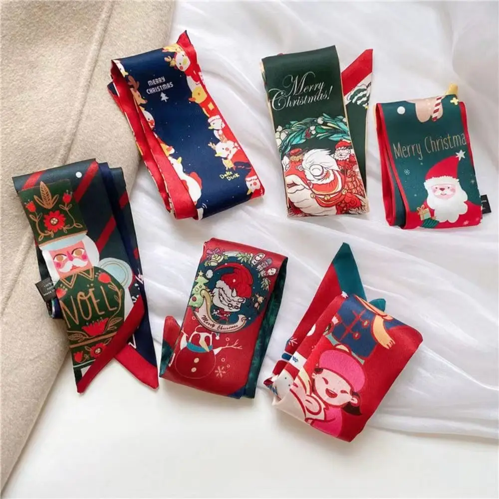 Red Christmas Silk Scarf All-match Santa Claus Ribbon Headband Scarf Hair Band Hair Tie Printed New Year Scarf Women