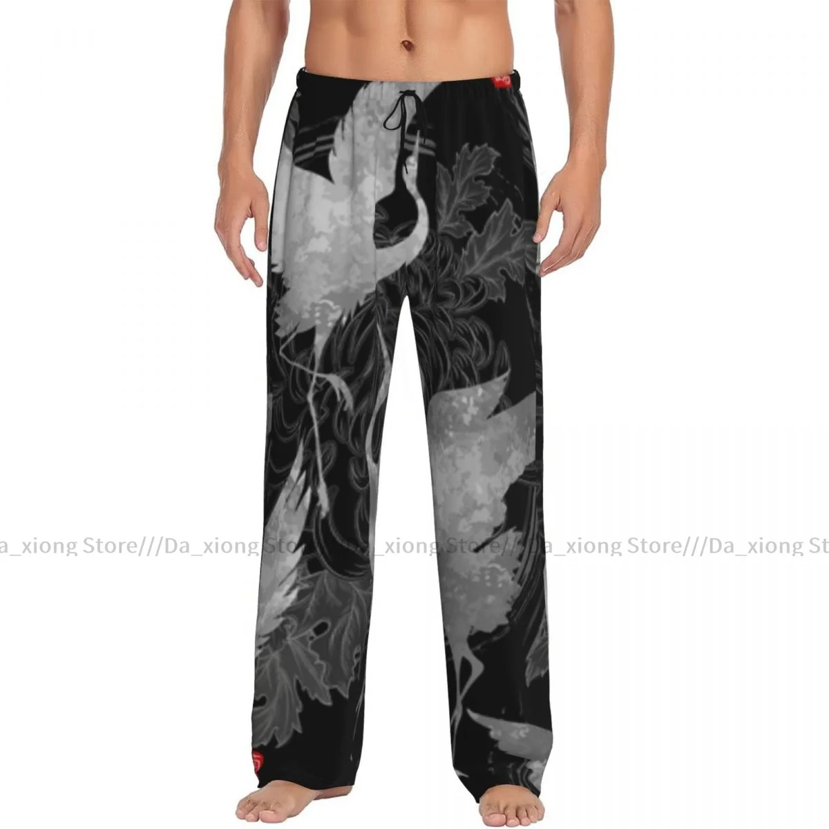 Men\'s Casual Pajama Sleeping Pants Cranes Tanajura With Japanese Hieroglyphs Lounge Loose Trousers Comfortable Nightwear