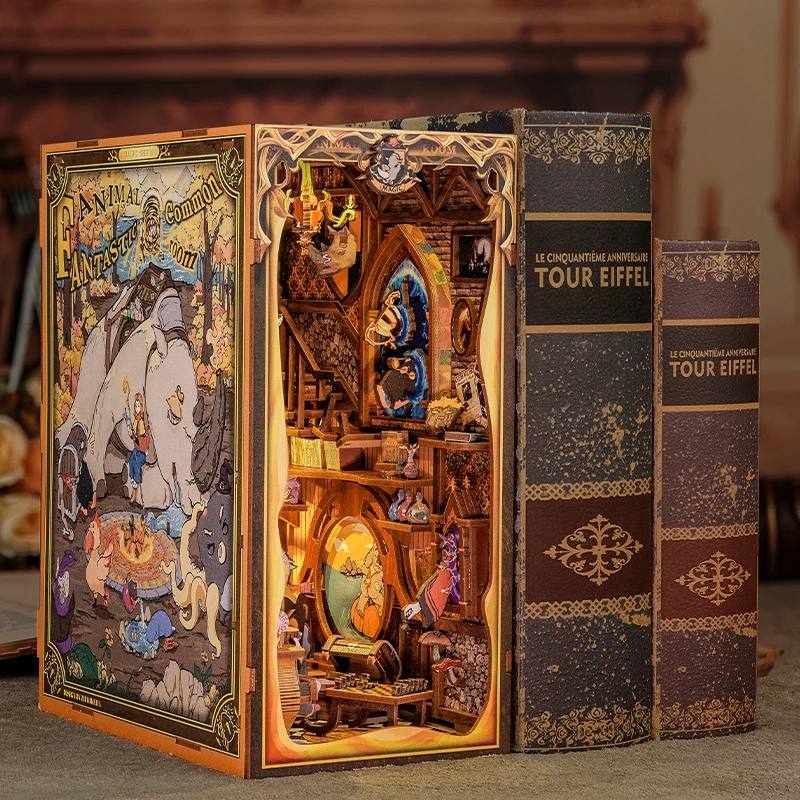 CUTEBEE DIY Book Nook Kit Wooden Dollhouse with Touch Light Magic Bookshelf Insert Decor for Gift Fantastic Animal Common Room 4