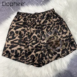 Elastic Waist Leopard Print Shorts Female 2024 Summer Casual Womens Shorts Heavy Industry Cartoon Rhinestone Wide Leg Shorts