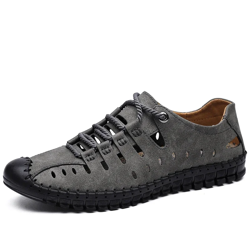 Summer Leather Shoes Men's Dress Shoes Leather Sandals Outdoor Hollow Out Comfortable Lace Up Breathable Formal Shoes Size 38-48