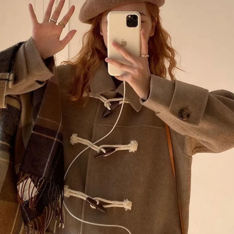 College style Japanese lovely woolen coat medium length ox horn buckle student JK coat camel winter coat 2022 autumn_voghion.com