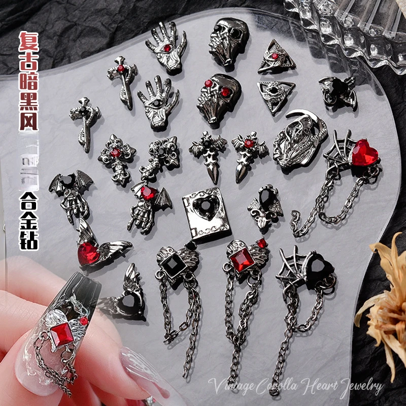 다크 네일 아트 스타일 합금 라인석 쥬얼리, 크로스 할로윈 해골 러브 체인 펜던트, 지르콘 DIY 네일 쥬얼리 액세서리