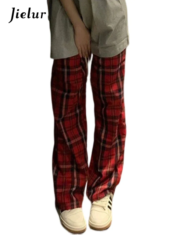 Jielur Red Plaid Casual Straight Female Pants Loose Fashion Streetwear New American Style Vintage Slim Women's Wide Leg Pants
