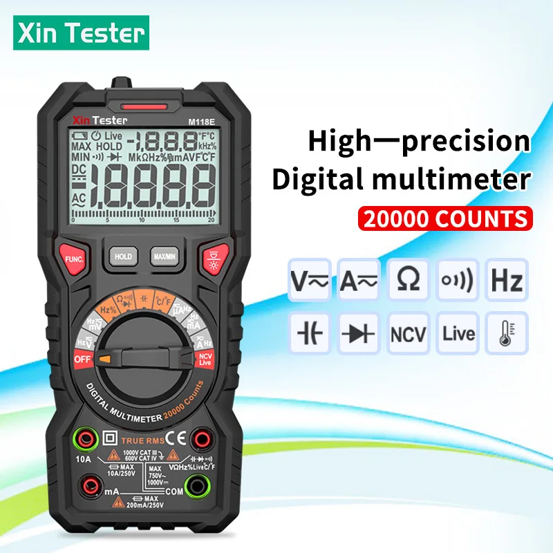 

Xin Tester Digital 20000 Counts TRUE RMS Multimeter Auto Range Current Ohm Voltmeter Ohm Hz Capacitance Diode Tester M118E