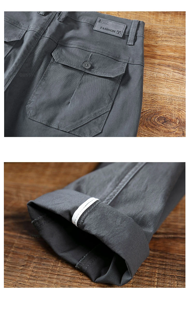 Hochwertige Ganzjahres-Cargohose für Herren aus 97% Baumwolle, Einfarbig, Grau, Lässige Koreanische Jogger-Hose mit Taschen, Arbeitshose für Männer – Detail 14