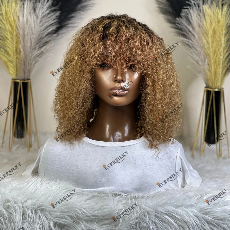 

Honey Blonde Ombre Fringe Kinky Curly Peruvian Human Hair 13x6 Lace Front Wig 250Density Dark Root Colored Human Hair Women Wig