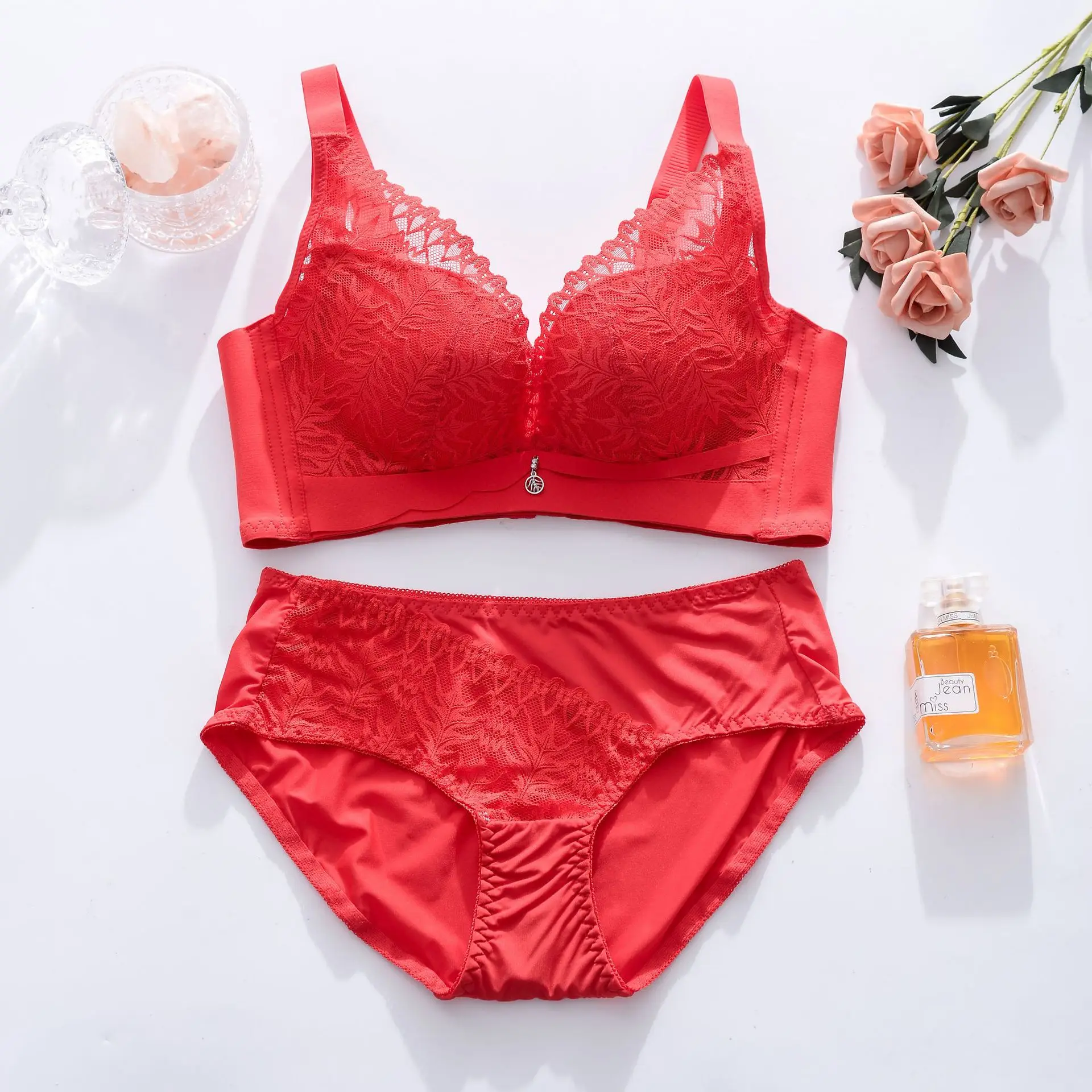 QUYUON Clearance Push up Bra Without Underwire Lingerie Set Bra And Panties  Summer Thin Lingerie Set Soft Seamless Bras for Women B-91 Watermelon Red  XXL 