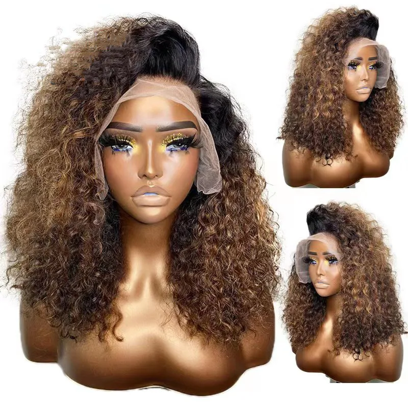 

Preplucked 26Inches Long 180%Density Glueless Ombre Blonde Kinky Curly Lace Front Wig With BabyHair Heat Temperature Daily Wear