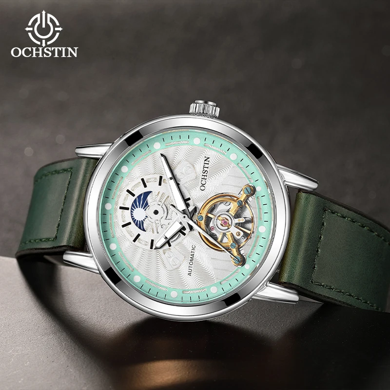 Men Watch Automatic Mechanical Luxurious Tourbillon Open Heart AM PM Dial Luminous Rubber Leather Strap & Magnetic Clasp_voghion.com