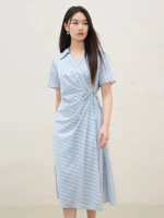 DUSHU 2025 Summer Women’s Surplice Shirt Dress – Button-Down Collar & Midi Length for Office to Casual Wear 25DS82142