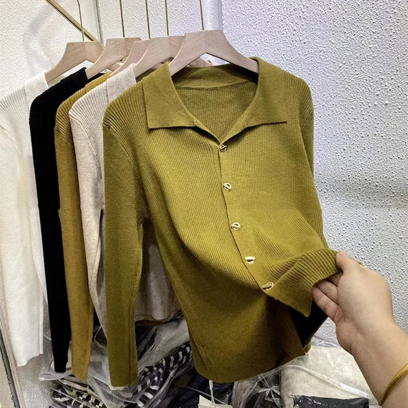 New Polo Collar Long-sleeved Sweater Button-up High-end Design Chic Knitted Cardigan Bottoming Top