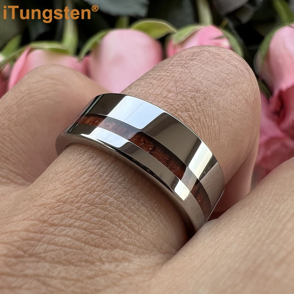 iTungsten 8mm Men Women Classic Tungsten Carbide Ring Flat Wedding Band With Real Wood Inlay Comfort Fit 5