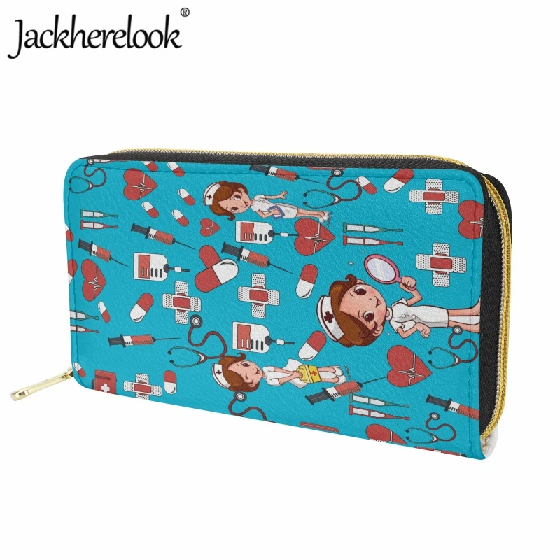 Jackherelook Women's Long Leather Wallet Nurse/Doctor Medical Syringe Stethoscope Cartoon Pattern Purse Lady Clutch Card Holder