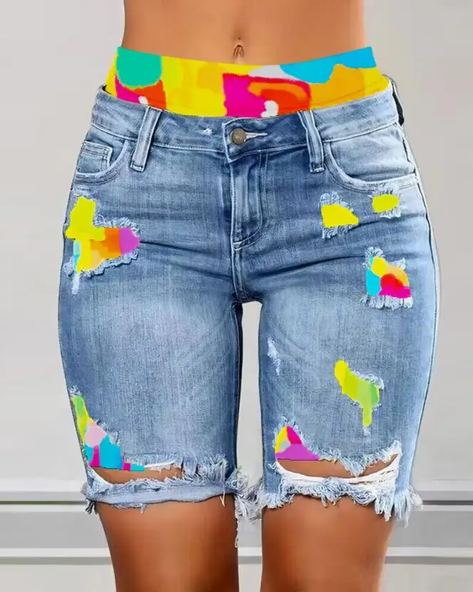

Женские джинсовые брюки выше колена, облегающие брюки с принтом, рваными карманами и завышенной талией, весна-лето 2024