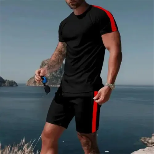 2024 Summer New Men's T-Shirt Set 2-Piece Solid Color Simple Sports Set Breathable Ball Suit Large Street Casual Set