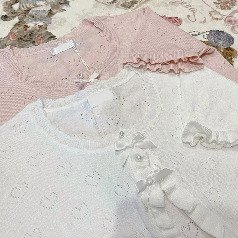 Cute Knitted Cardigan Women Pearl Button Bow Decoration Heart Hollow Out Short Sweater for Sweet Girl Kawaii Clothes