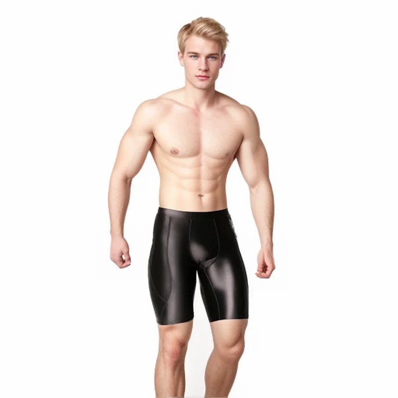 AMORESY Men's Sexy Smooth Shiny Medium Waist Sportswear Elastic Tights Silk Pants Running Sports Breathable Fitness Beach Shorts 2