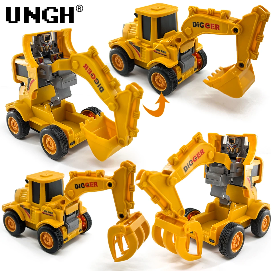 UNGH 10cm One-key Deform Car Diecast Transformation Excavator TrucK Model Toy for Children Boy Games Inertial Engineering Carbot hot wheels monster truck