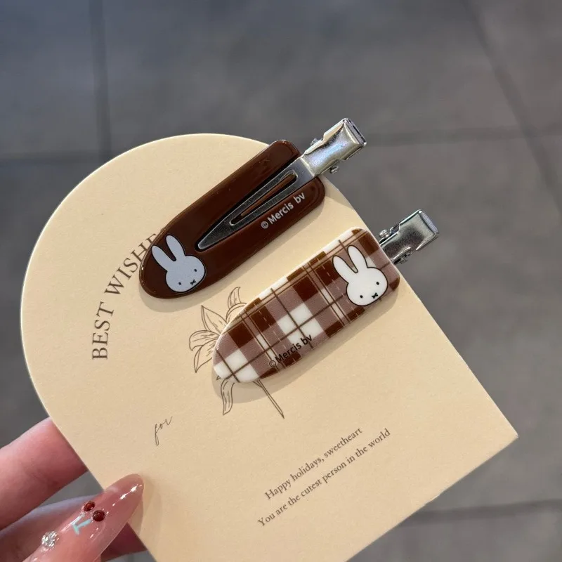 Miffy Cartoon Hairpin - Cute Fresh Curry Color Checkered Bangs Clip