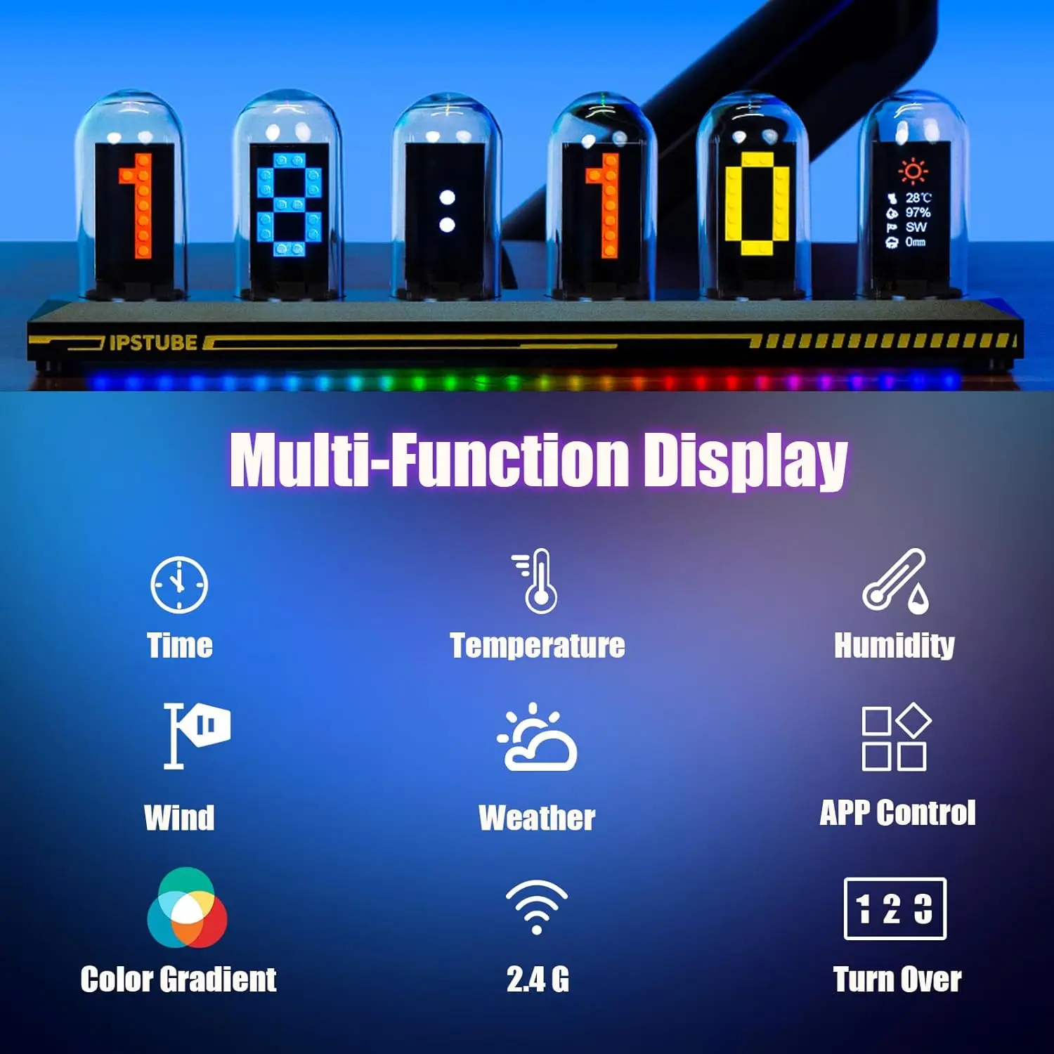 1PC Nixie Tube RGB Retro Digital Clock Light, IPS Glows Analog Clock, Support Wi-Fi Time Calibration, APP Control, Wheather Mode 4