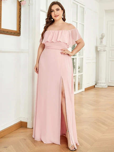 Plus Size Evening Dresses Off The Shoulder Bridesmaid 2022 Ever Pretty fo Long Lace Sleeve Elegant Prom Dress for Women EP00968 Pink