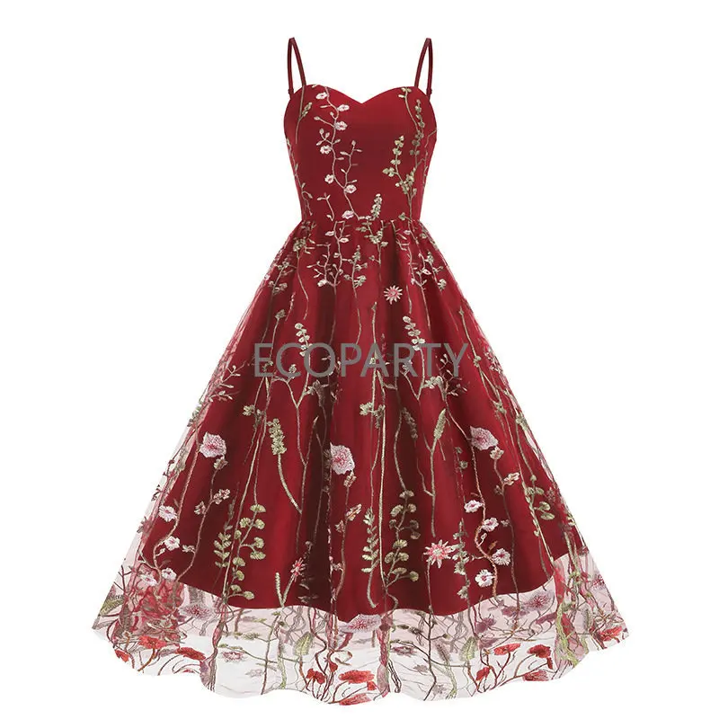 

2023 New Summer Vintage Women Lace Floral Embroidered Mesh Montage Spaghetti Strap Sheer Ladies Mid Length Dress Summer Dress