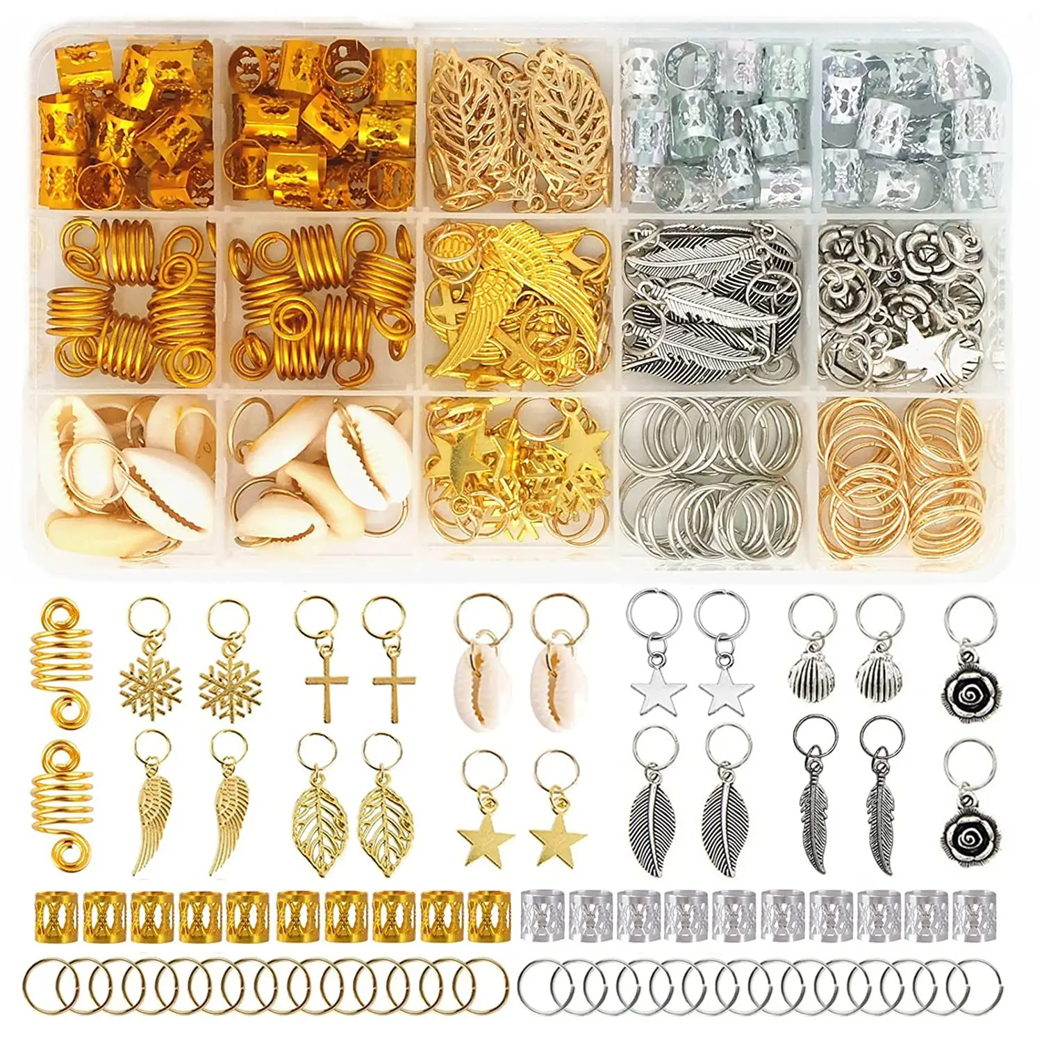 220pcs 15 Style Mix different Metal Leaves Ring Hair Braid Dreadlocks Beads Clips Hair Decoration Accessories with Storage Box