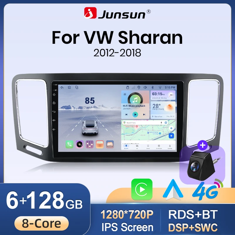 Radio de coche Junsun con CarPlay inalámbrico y Android 15 para VW Volkswagen Sharan Seat Alhambra 7N 2012-2018, GPS, navegación, reproductor multimedia, WiFi, 4G, DSP, RDS, Bluetooth, FM, AM, pantalla táctil IPS, autoradio estéreo, unidad principal 2DIN 1