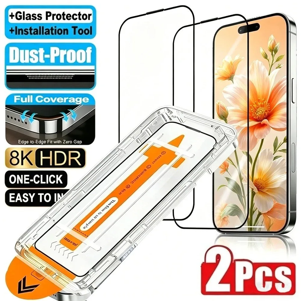 2 szt. Szkło Hartowane HD Pełne Pokrycie Ekranu do iPhone 17 16 Pro Max 16e 17e Air 15 14 Plus 15 14 13 Pro, Łatwa Instalacja Jednym Kliknięciem