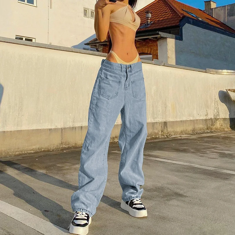 Women's Casual Wide Leg Long Front Pockets Light Blue Denim Pants 2021 Baggy Jeans New High Waist Loose Pants Streetwear Female