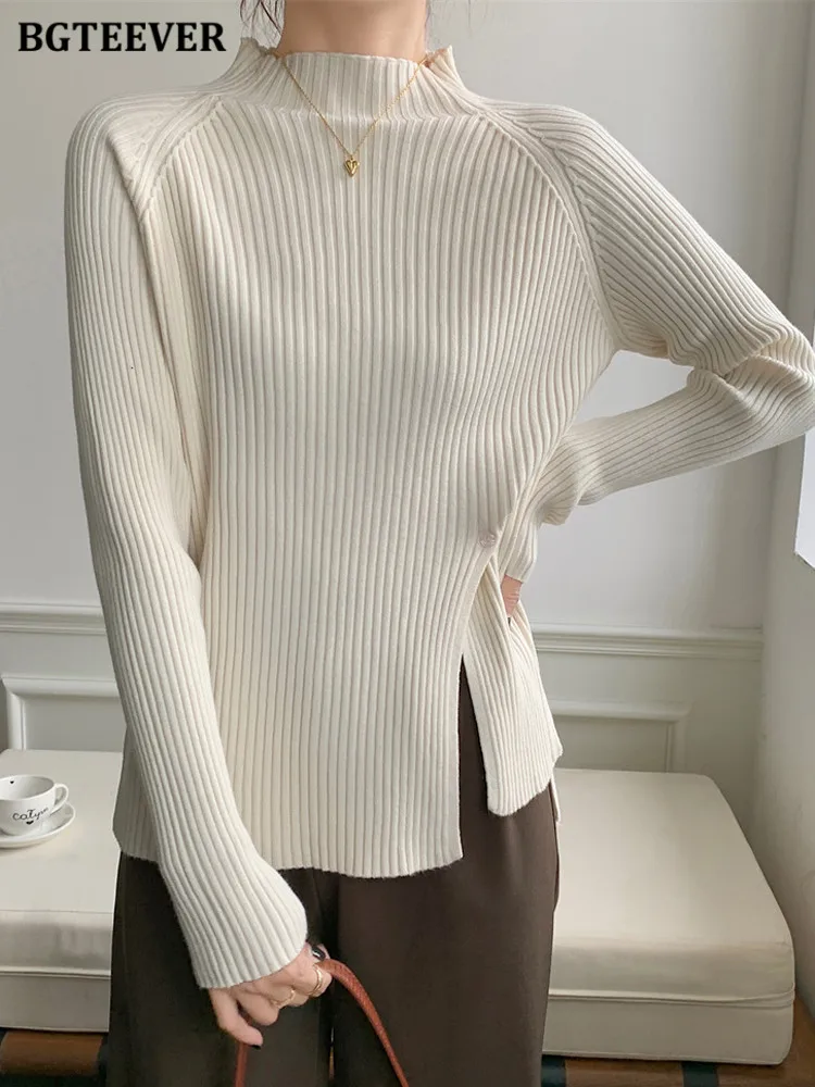 Woman Sweater Knitted Button Half Women Long Sleeve High Collar