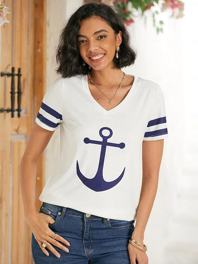 V-Neck T-Shirts For Women Ship's anchor 3d Print Tops Casual Street Femalewear Summer Fashion Oversized T-Shirt  Y2k Clothing