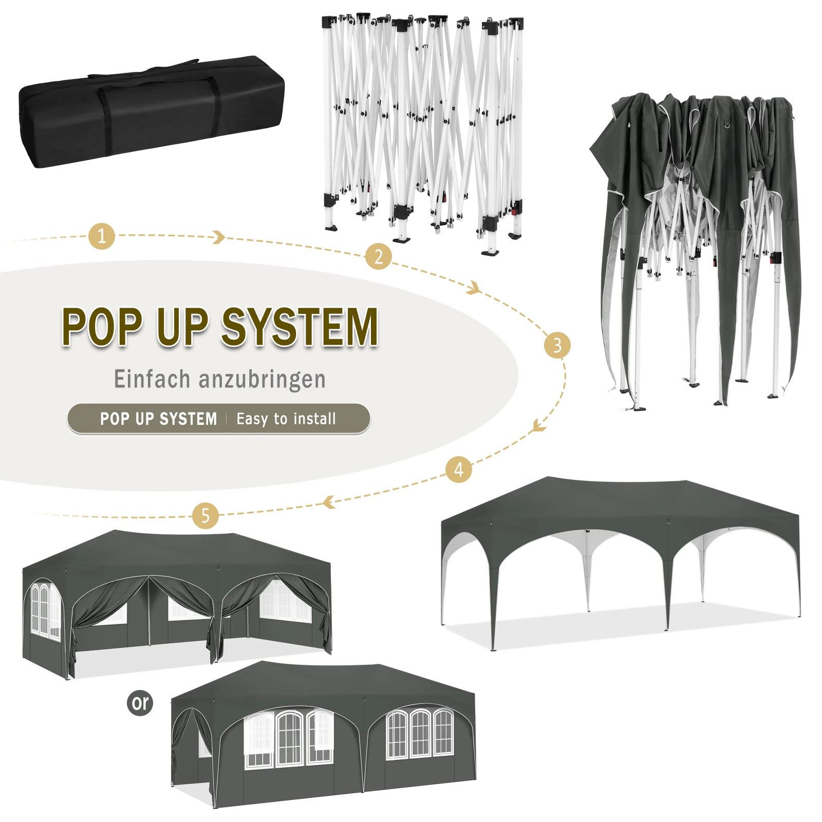Gazebo per padiglione pieghevole regolabile in altezza 3x6 m con 6 pareti laterali Tenda da festa con protezione UV impermeabile con borsa per il trasporto per picnic 3