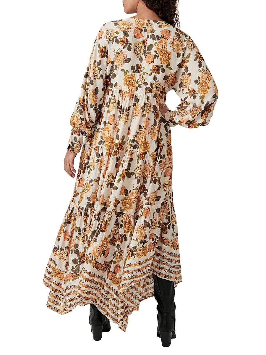 

Women Bohemian Floral Print Maxi Dress Vintage Fall Loose Long Sleeve V-Neck Swing Dress Flowy Beach Long Dress